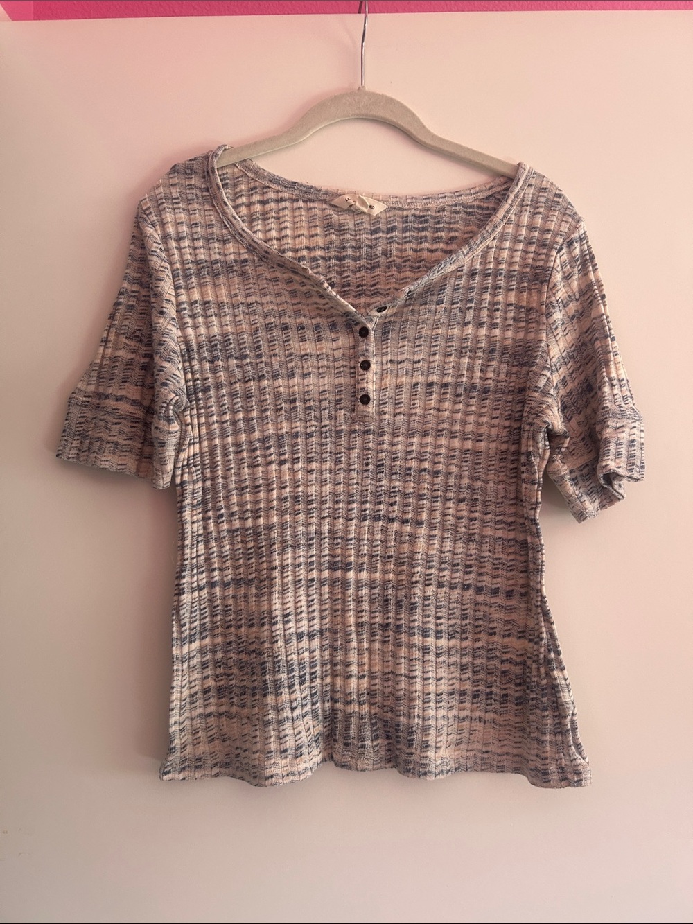 Lucky Brand Beige and Blue Striped Henley Tee